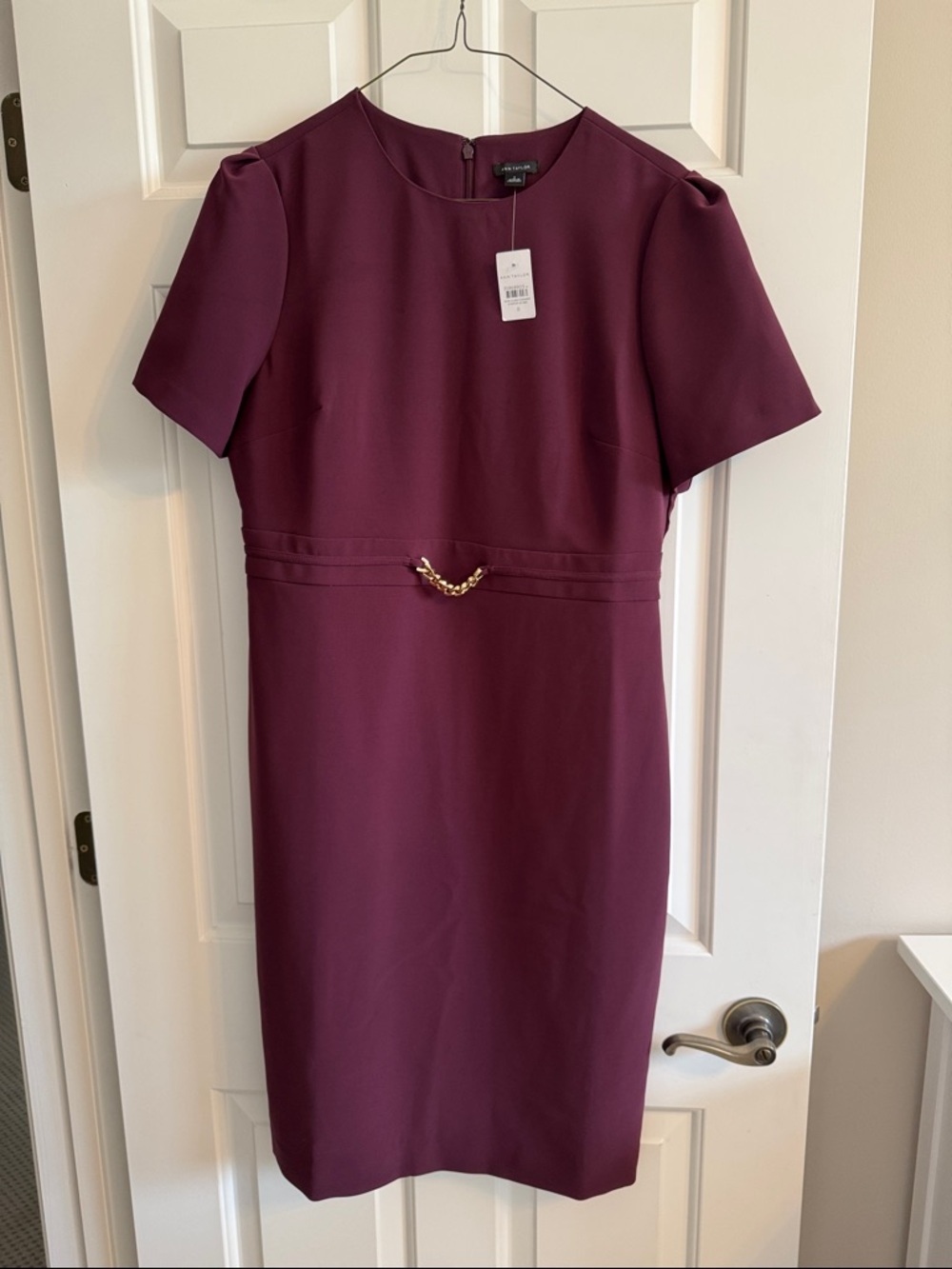 Ann Taylor Plum Midi Sheath Dress with Gold Accent